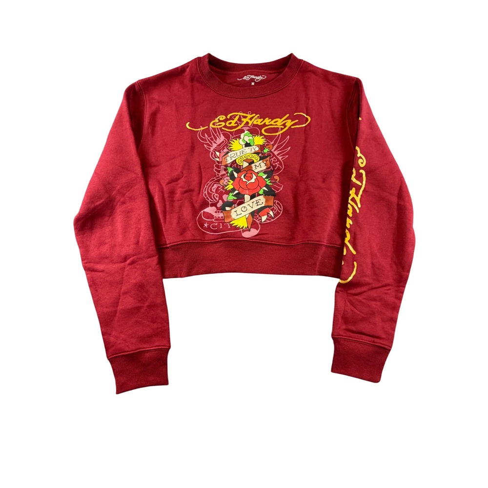 Ed Hardy Womens Burgundy Red Cropped Sweatshirt Rose Tattoo Graphic Size M